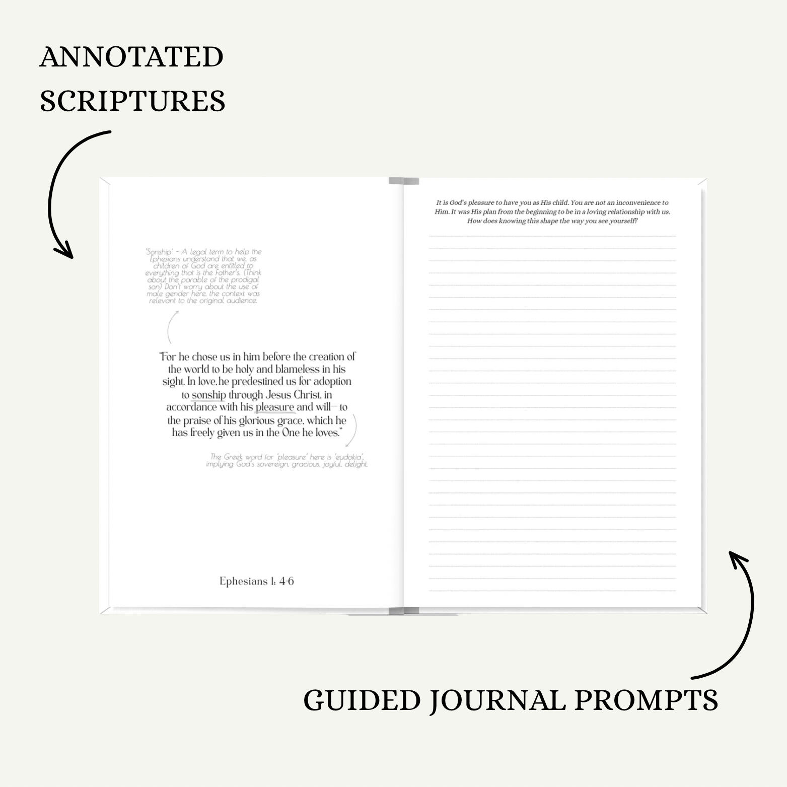 Depth Without the Overwhelm Flay lay of She Believed Identity Journal annotated scripture